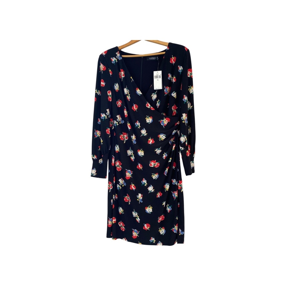 NWT Lauren Ralph Lauren Black Floral Print Long Sleeve Wrap Dress - Size 16‎